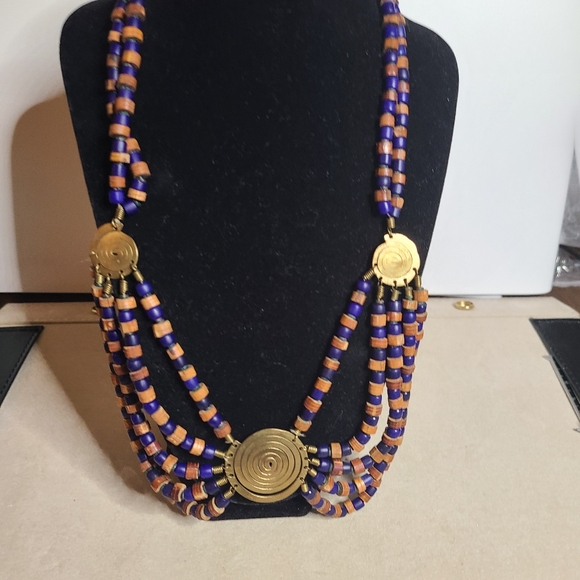 Brass and Wooden Bead Necklace Vintage - Picture 2 of 7